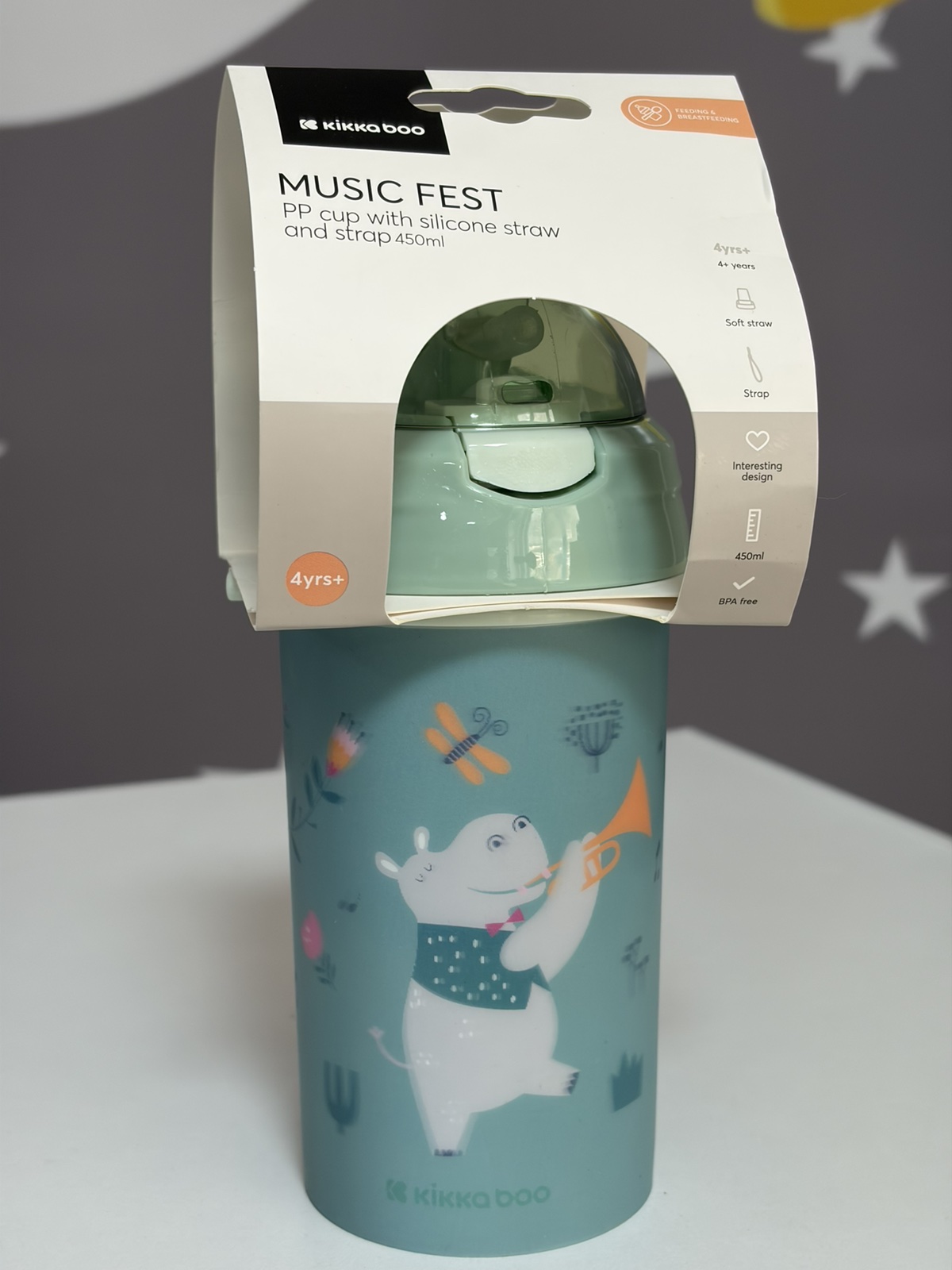 KIKKA BOO ŠALICA SA SIL.SLAMKOM I REMENOM 450ML,MUSIC FEST,mint