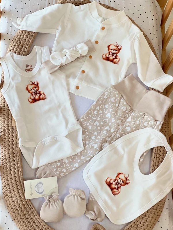 Set za bebu 6/1, Teddy Bear with a Bow, Beige